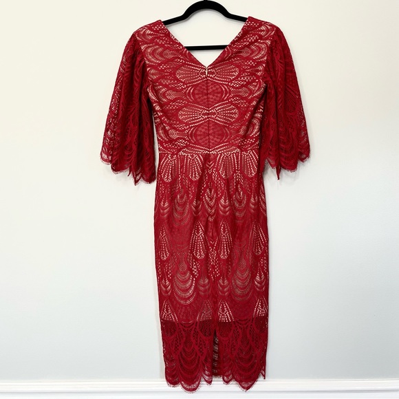 NWOT Dress The Population Mia Angel Sleeve Lace Sheath Midi Dress in Red - Picture 2 of 12